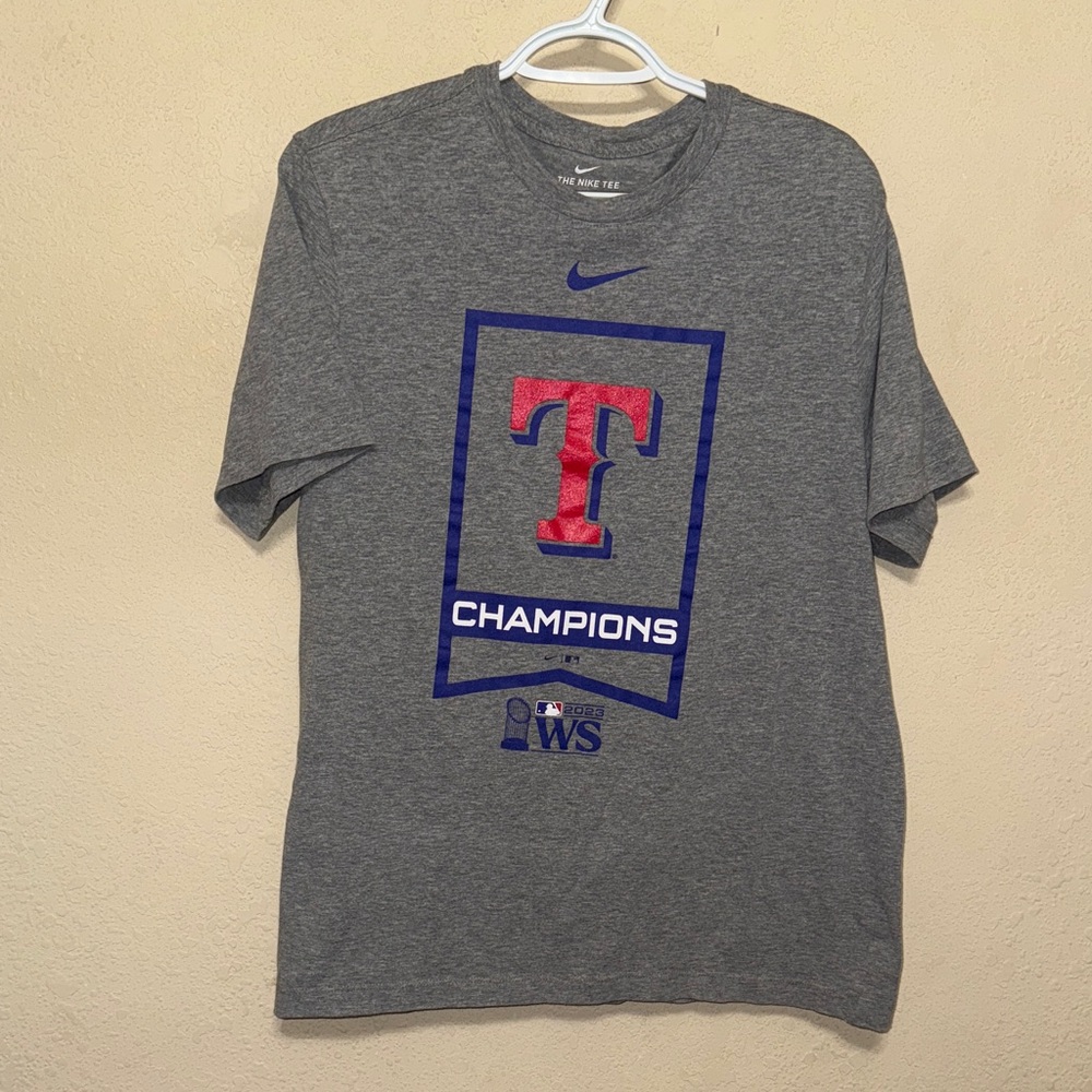 Nike Gray T-Shirt with Red and Blue Texas Rangers Graphic